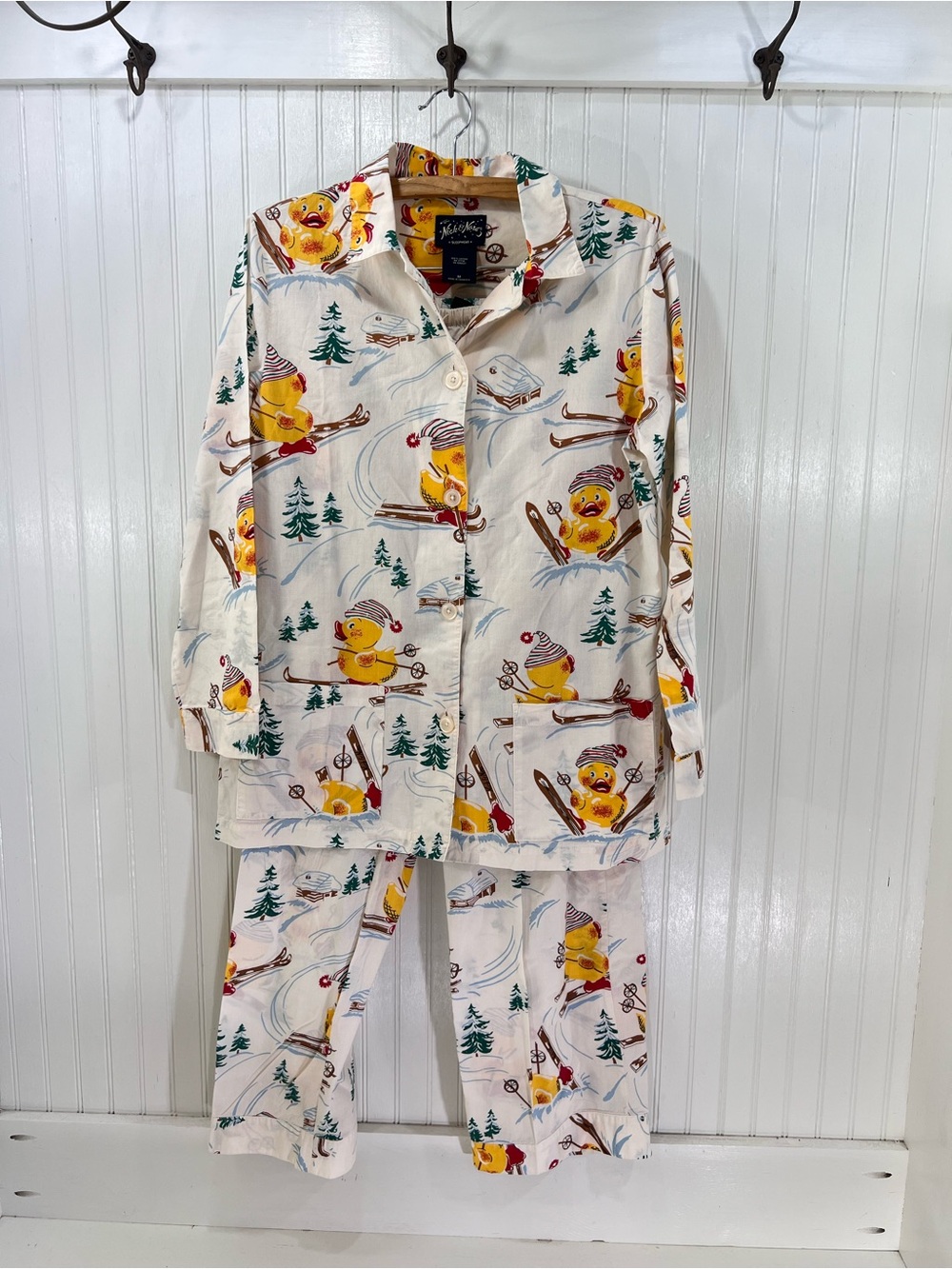 Nick & Nora Vintage Y2K Skiing Ducks Holiday Pajama Set 100% Cotton size M